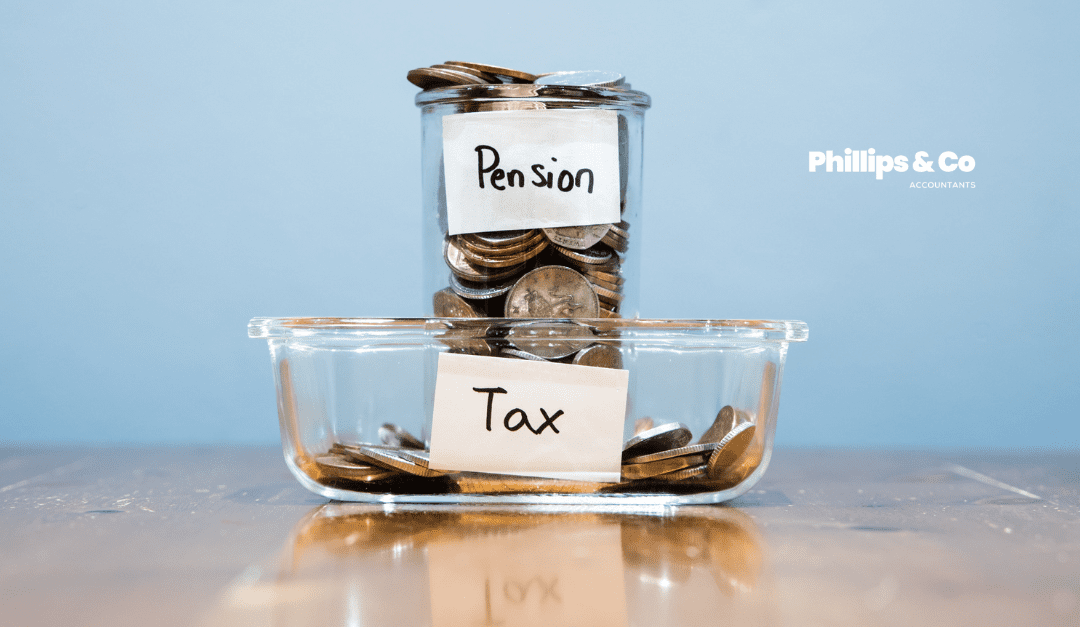 A jar full of money and titled 'pension' sits in side a bowl of money titled 'tax'.